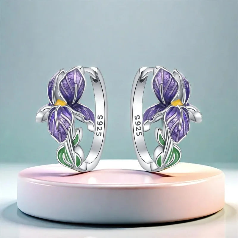 925 Silver Iris Flower Earrings – Purple Floral Drops