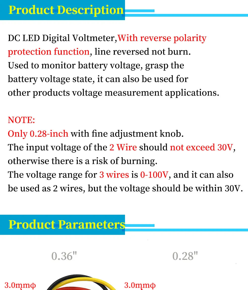 0.28 / 0.36 Inch DC LED Digital Voltmeter 0-100V Voltage Meter Auto Car Mobile Power Voltage Tester Detector 12V Red Green Blue