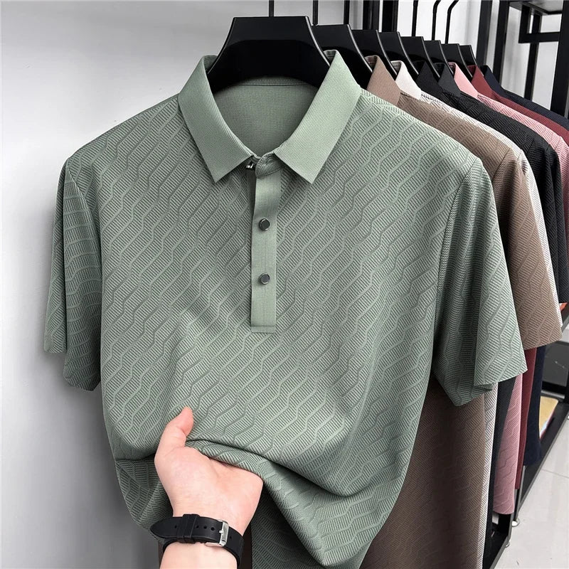 Men's Wavy-Texture Mesh Polo - Sweat-Wicking Lapel, Lightweight