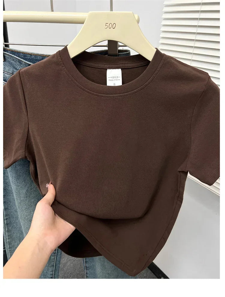 Women's Solid Short Sleeve Tee — Casual Y2K Top