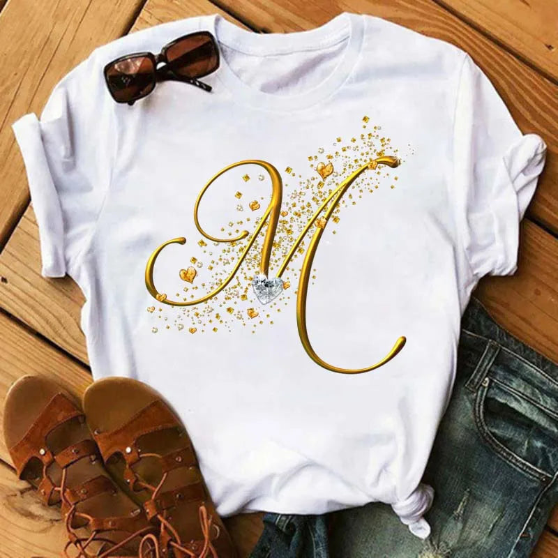 Women's Personalized Letter Graphic Tee — Gold Diamond-Font Monogram Short-Sleeve Top