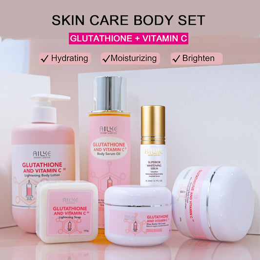AILKE Glutathione & Vitamin C Brightening Skincare Kit – Whitening Body Lotion, Cream, Serum, Soap & Spa Oil Set