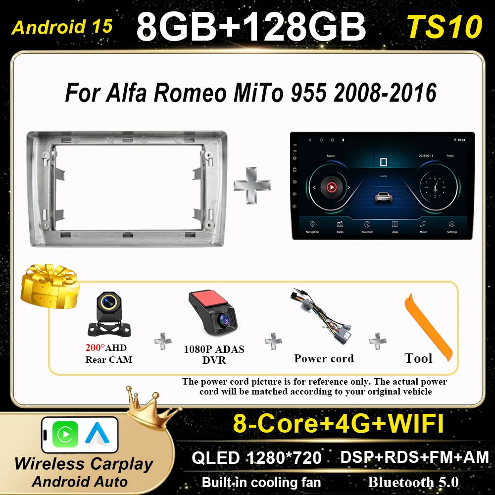 Android 15 Car Radio Stereo For Alfa Romeo MiTo 955 2008-2016 Auto Cireless Carplay GPS Navigation Multimedia Video Player 2Din
