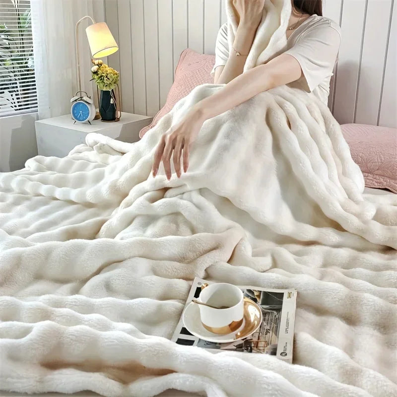 Faux Rabbit Fur Bed Blanket, Soft Thick Plush Throw