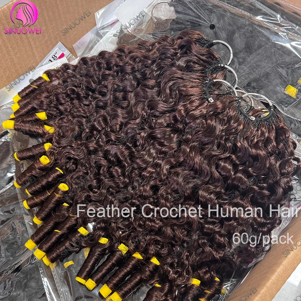 Burmese Curly Chocolate Brown Knots Crochet Human Hair 100% Human Hair Invisible Lightweight Feather Crochet Hair Extensions