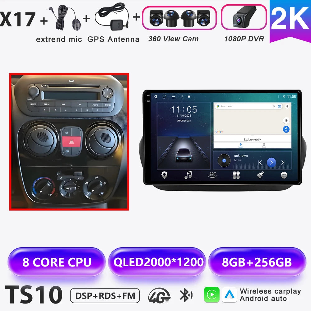 Car Stereo with Apple CarPlay & Android Auto, Compatible with Fiat Fiorino & Qubo, Citroen Nemo & Peugeot Bipper