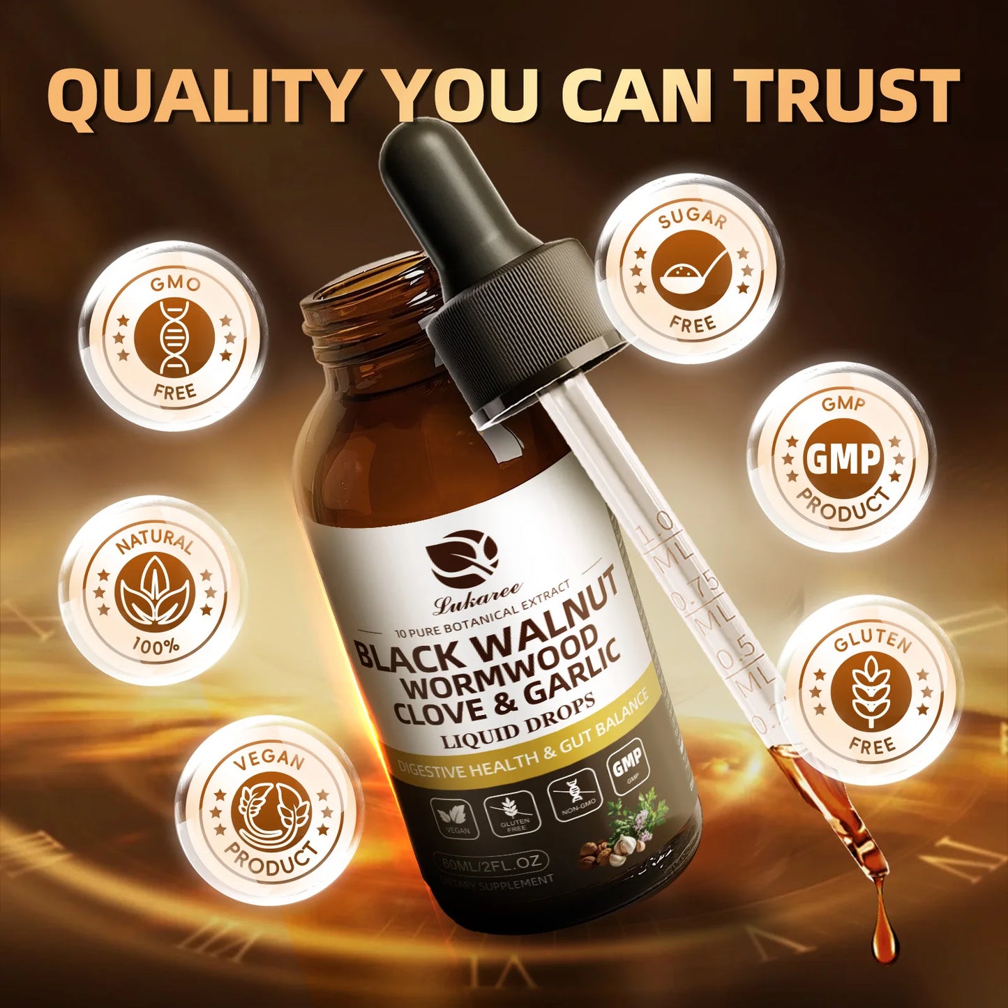 Gotas de nuez negra Lukaree de 60 ml con clavo de olor y ajo: favorecen la digestión y la salud inmunitaria, desintoxican el cuerpo y son antioxidantes.