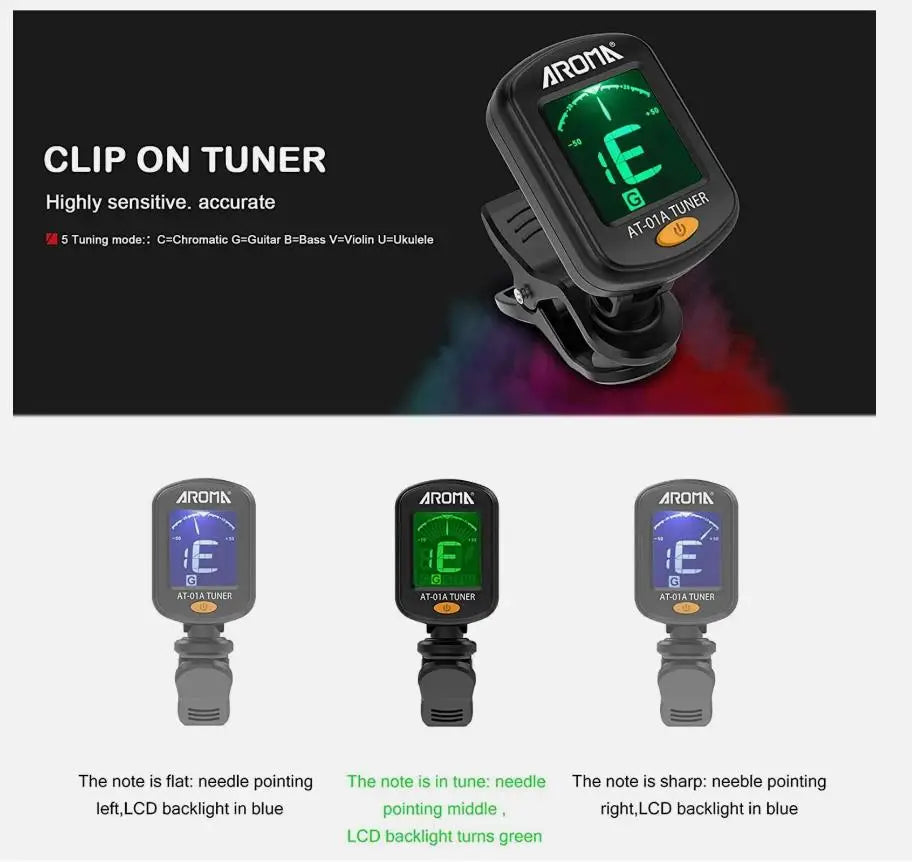 2026 New Guitar Tuner AT-01A/101 Foldable Rotatable Clip-on Tuner High Sensitivity for Bass Ukulele Chromatic Guitar Accessories