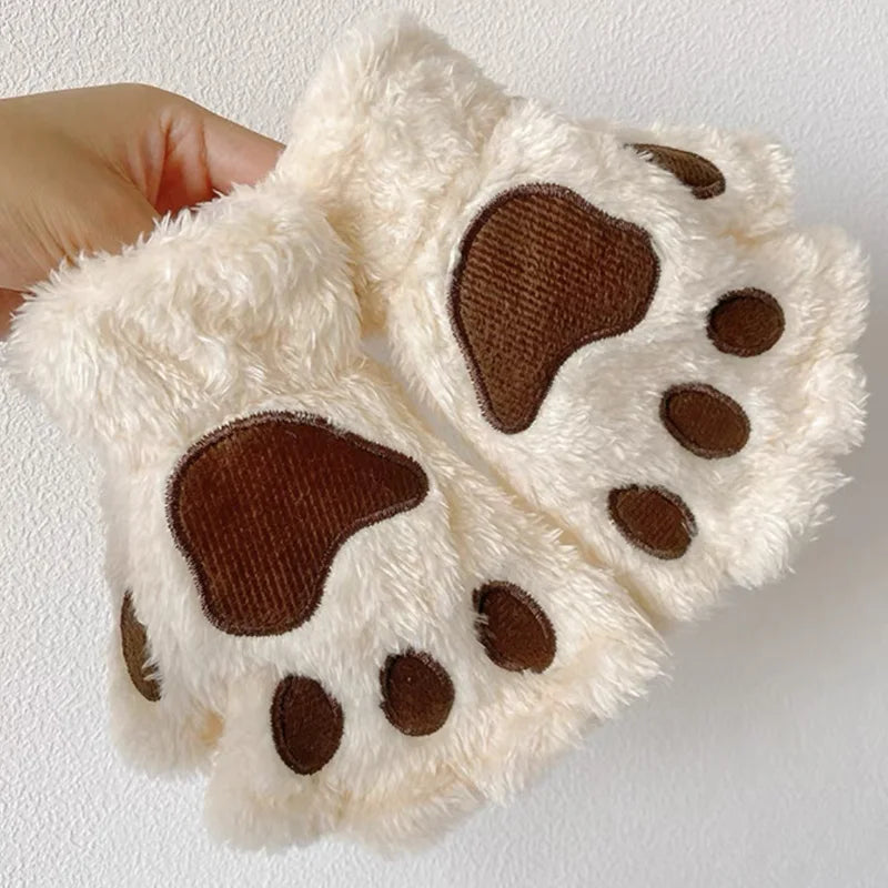 Women's Cat Paw Plush Mittens, Fingerless