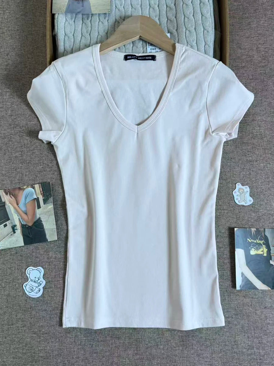 Camouflage Thin Short Sleeve T-shirt Women V-neck Cotton Slim All-match Tee Shirts Female Streetwear Vintage Y2k Tops Summer New