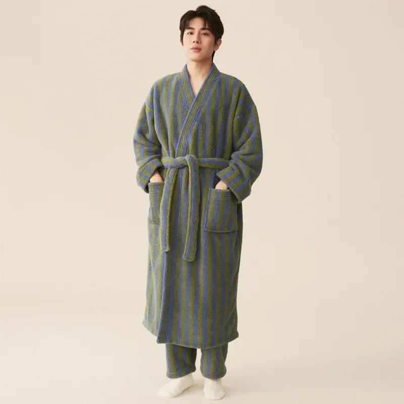 Striped Flannel Robe and Pants Set for Women and Men