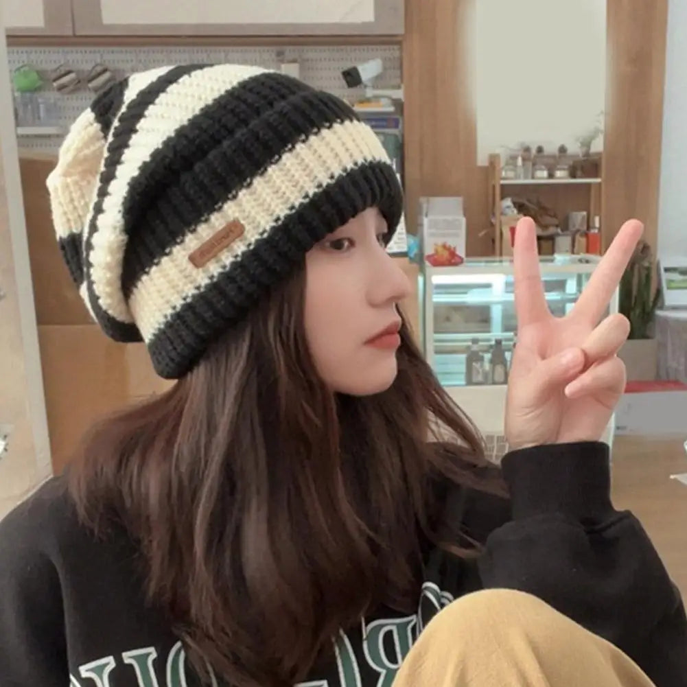 Women's Striped Baggy Beanie - Retro Knit Ear Covering Hat - photo 4