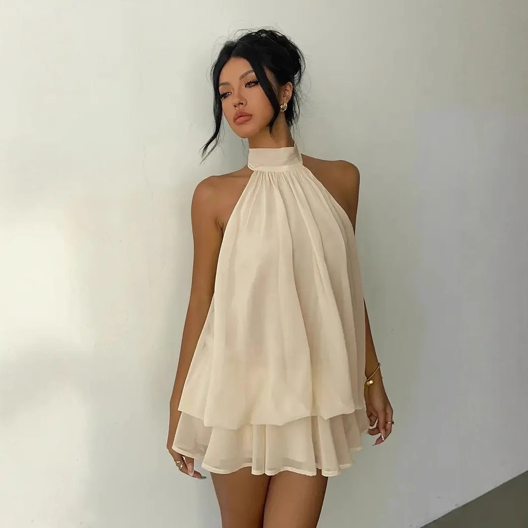 Women's Halter Backless Chiffon Mini Dress — Tie-Front Party Dress