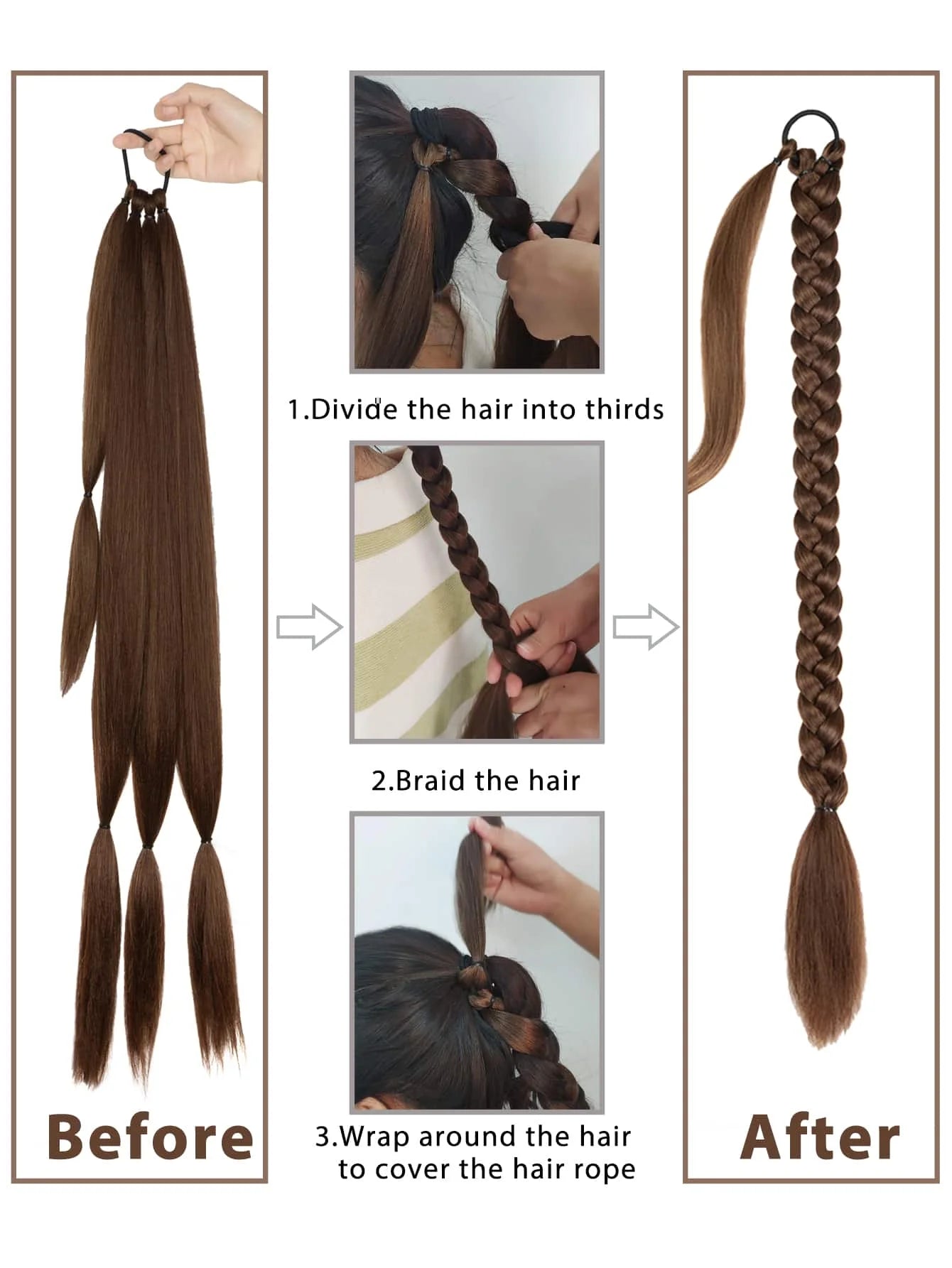 Long Braided Ponytail Hair Extensions With Hair Tie, Straight Wrap-Around Synthetic Hair, Natural Soft