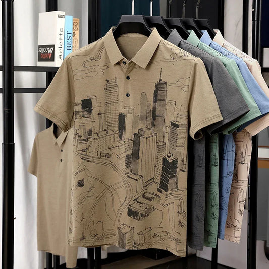 Men's Line-Drawing Polo - Soft Elastic Knit, Two-Button Lapel