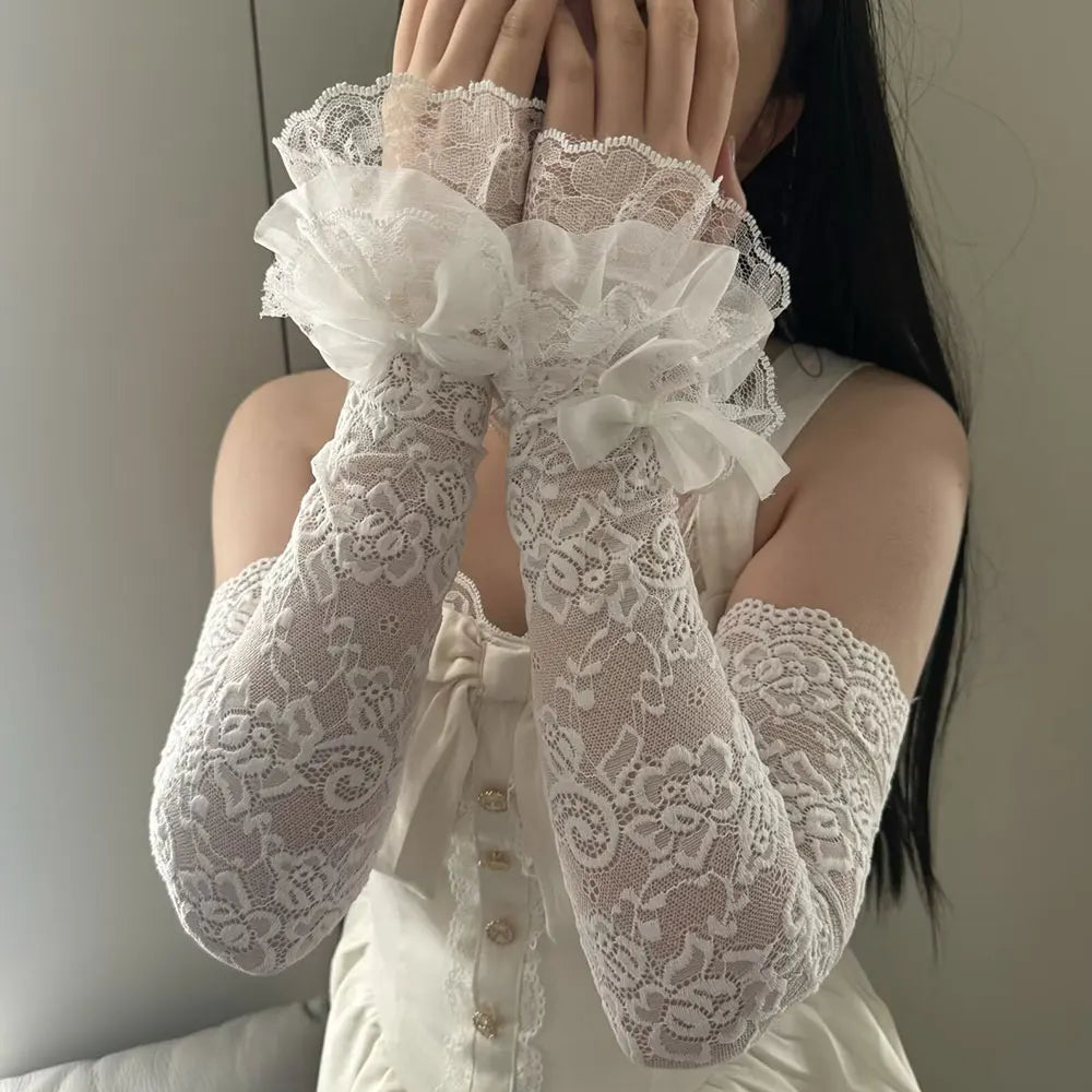 1 Pair Women Lolita Jk Lace Fingerless Gloves Black Gothic Fake Sleeves Trendy Elastic Long Lace Arm Sleeves Clothes Decoration