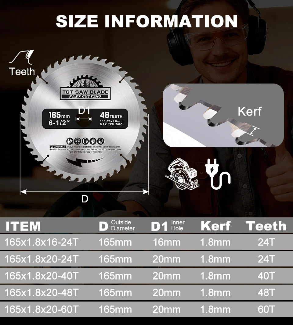 XCAN 165mm TCT Carbide Saw Blade — 24–60T Wood Cutting Disc