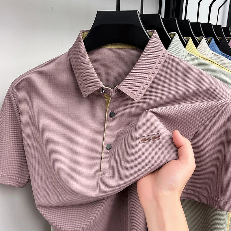 Men's Waffle Mesh Polo Tee - Lightweight Lapel, Elastic Comfort