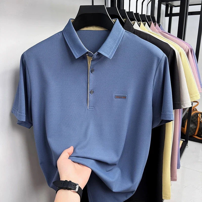 Men's Waffle Mesh Polo Tee - Lightweight Lapel, Elastic Comfort