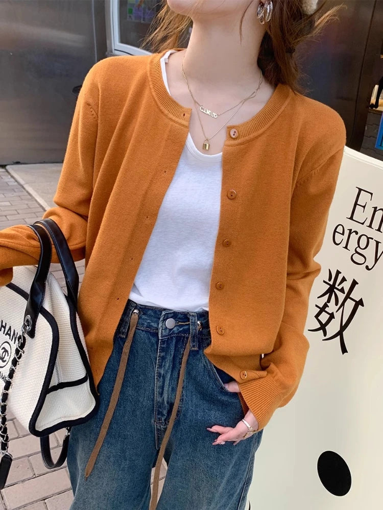 Women's Slim Button Cardigan — Crew Neck Knit