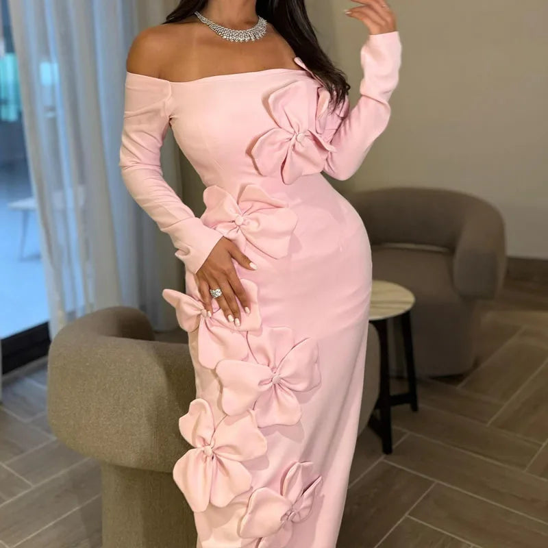 Elegant Off Shoulder Long Sleeve Skinny Dress Fashion Flower Dimensional Pink Wrap Hip Dress Lady Sexy Backless Solid Long Dress