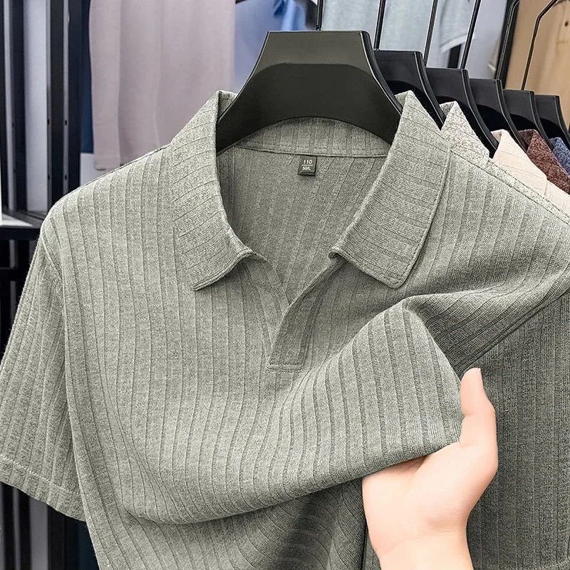 Men's Ribbed Lapel Polo - Soft Stretch, All-Season Casual