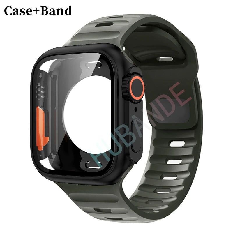 Silicone strap For Apple Watch 44mm 45mm 41mm 40mm Bracelet+Screen protectores Change to Ultra For iWatch Series 9 8 7 SE 6 5 3