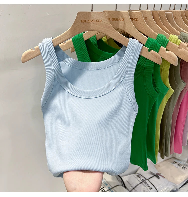 AOSSVIAO Women Solid Round Neck Ribbed Tank Top Camisole Women 2026 Summer Basic Elastic Tank Top O Neck Solid Tank Top