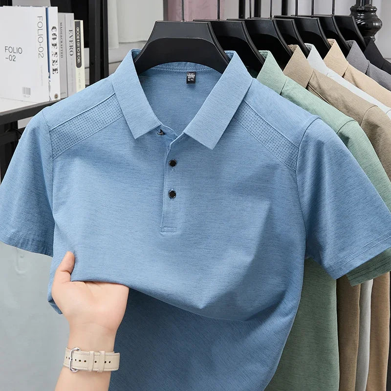 Men's Lapel Polo Tee - Perforated Shoulder, Wrinkle-Resistant
