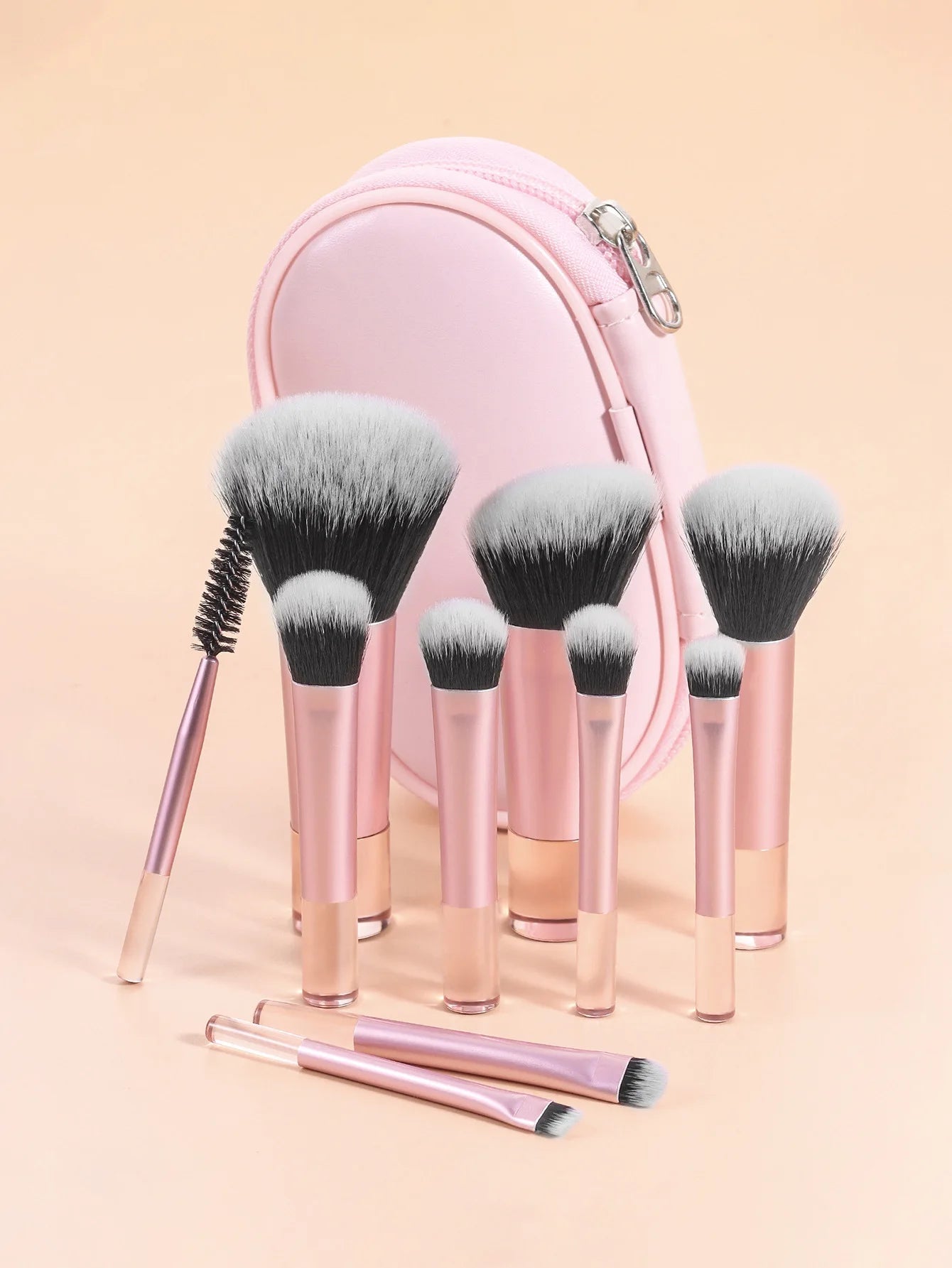 10pcs Pink Makeup Brush Set for Beginners Mini Portable Foundation Eyeshadow Brushes with Crystal Handle Includes Brush Pouch