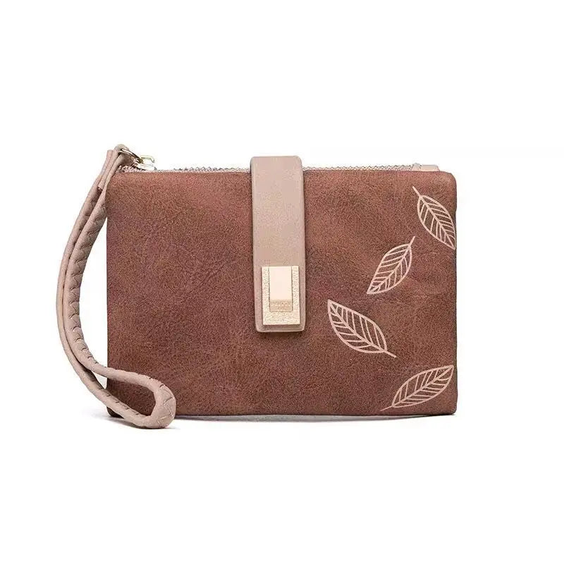 Spring/Summer 2026 new women's short wallet, high-quality PU hardware leaf buckle, solid color zipper, student coin coin purse,