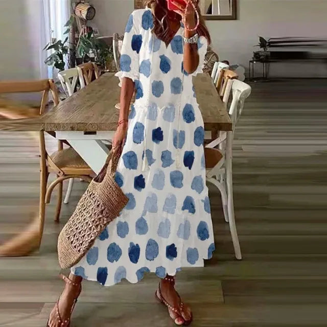 Women's Boho Maxi Dress – Casual V-Neck Drawstring Long-Sleeve Printed Bohemian Dress