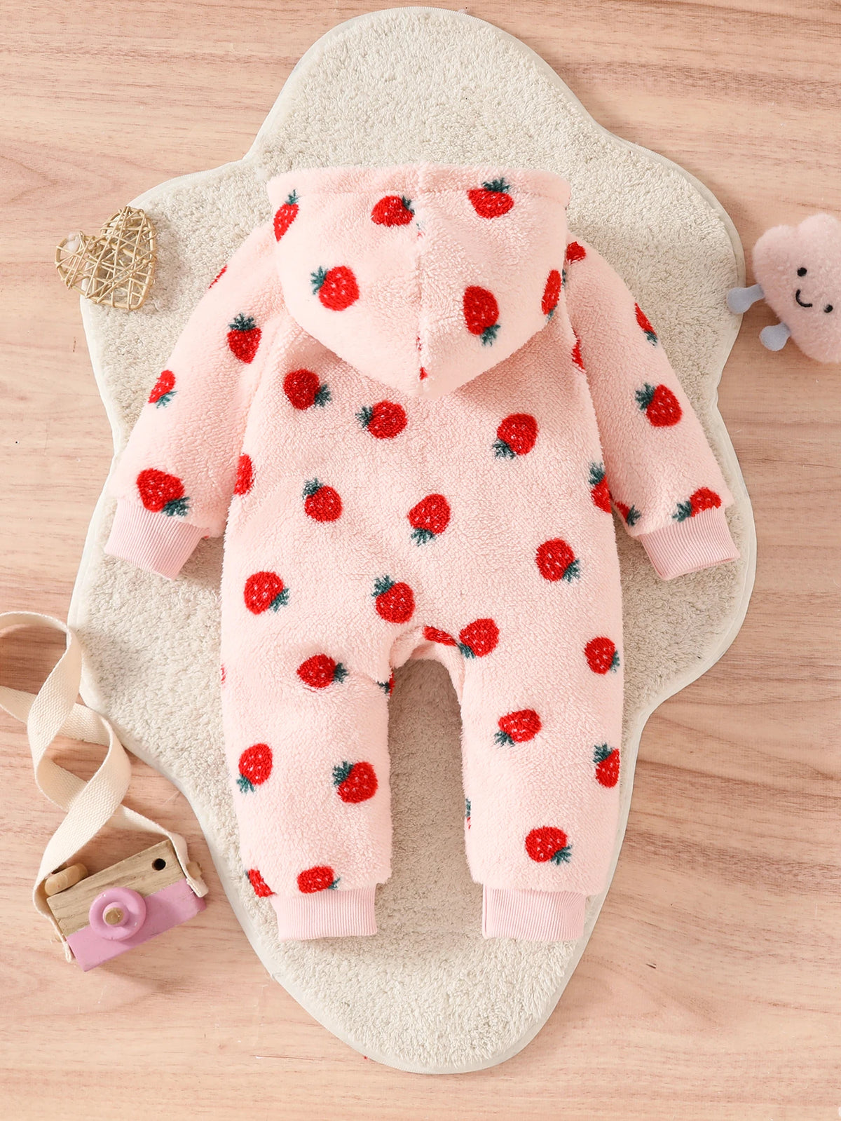 Baby Girl Strawberry Print Hooded Romper - Plush Winter Jumpsuit - photo 2