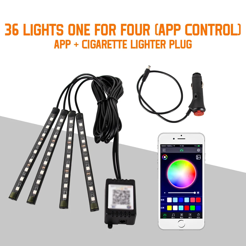Neon 36 48 72 LED Car Interior Ambient Foot Light Wireless Remote Music APP Control Auto RGB Atmosphere Decorative Lamp