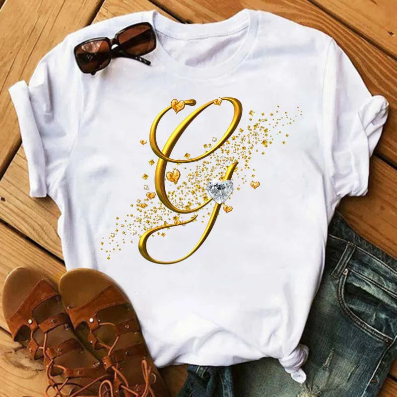 Women's Personalized Letter Graphic Tee — Gold Diamond-Font Monogram Short-Sleeve Top