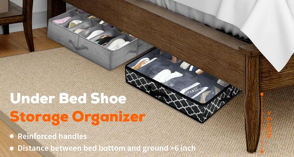 Under Bed Shoe Storage Organizer Fits 12 Pair Sneakers, Sturdy Structure Ultra Thick Fabic Sneaker Storage, Foldable Shoe Boxes