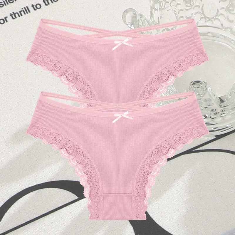 2PCS Cotton Panties for Women Sexy Lace Brazilian Briefs Female Low-Waist Cross Webbing Underpants Stretch Breathable Intimates