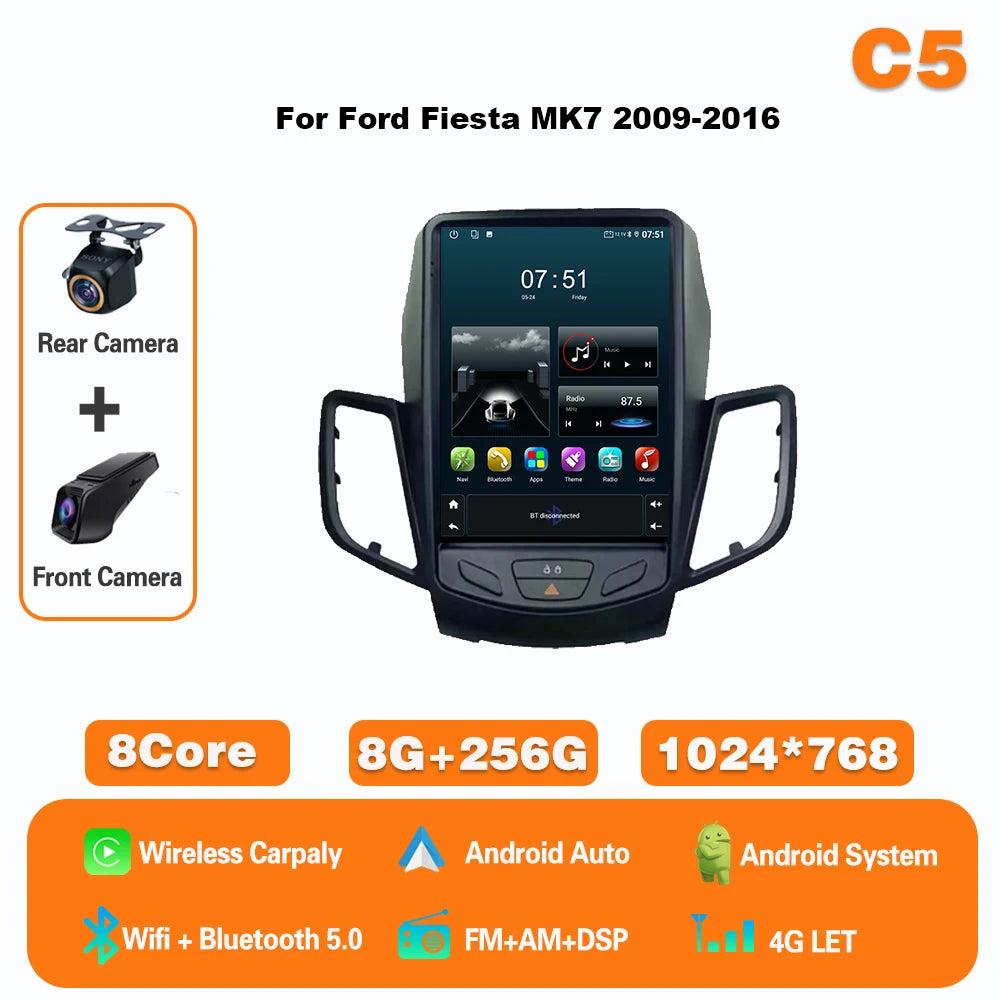 9.7" Android Car Stereo for Ford Fiesta MK7 (2009–2017) — Wireless CarPlay & Android Auto, GPS, 4G, WiFi