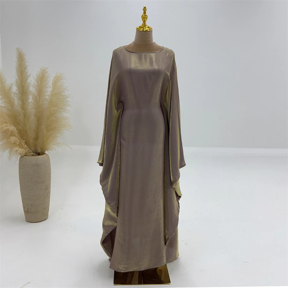 Shimmer Batwing Satin Abaya – Luxury Muslim Kaftan Dress for Eid & Ramadan