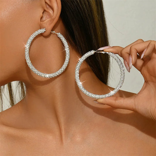 Women's Big Full Crystal Circle Hoop Earrings Fashion Party Wedding Accessory Boucle Oreille Femme Classic round Metal Earrings