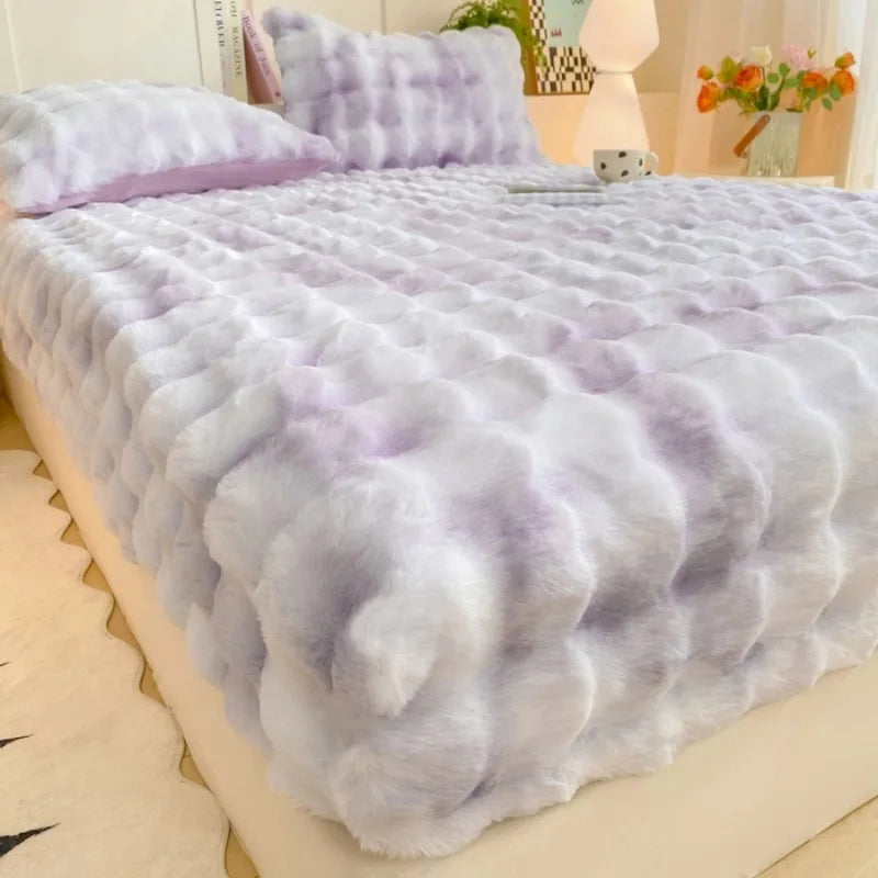 Fluffy Plush Fitted Bed Sheet for Winter Solid Color Rabbit Fleece Bed Sheets on Elastic Winter Warm Thicken Mattress Protector
