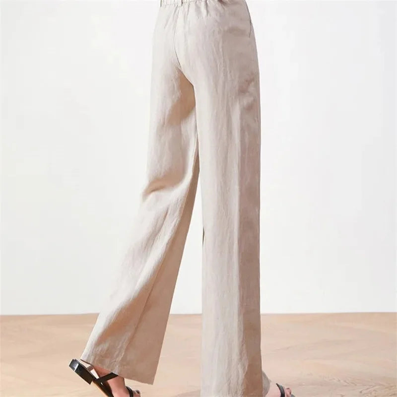 Cotton Linen Wide Leg Pants Lady New Spring Summer Thin Casual Solid Long Pants Women Elastic High Waist Loose Straight Trousers