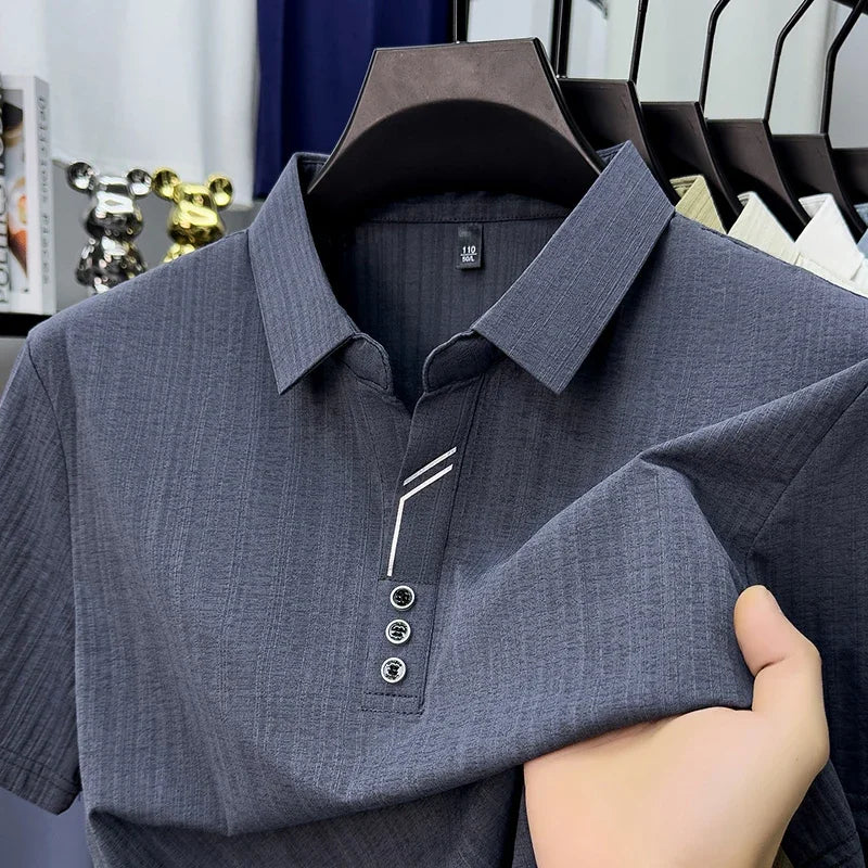 Men's Vertical-Texture Polo - Lightweight Soft, Three-Button Lapel
