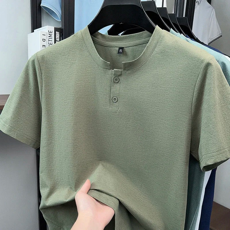 Men's Thin-Knit Henley - Two-Button Split Neck, Slim Elastic Fit