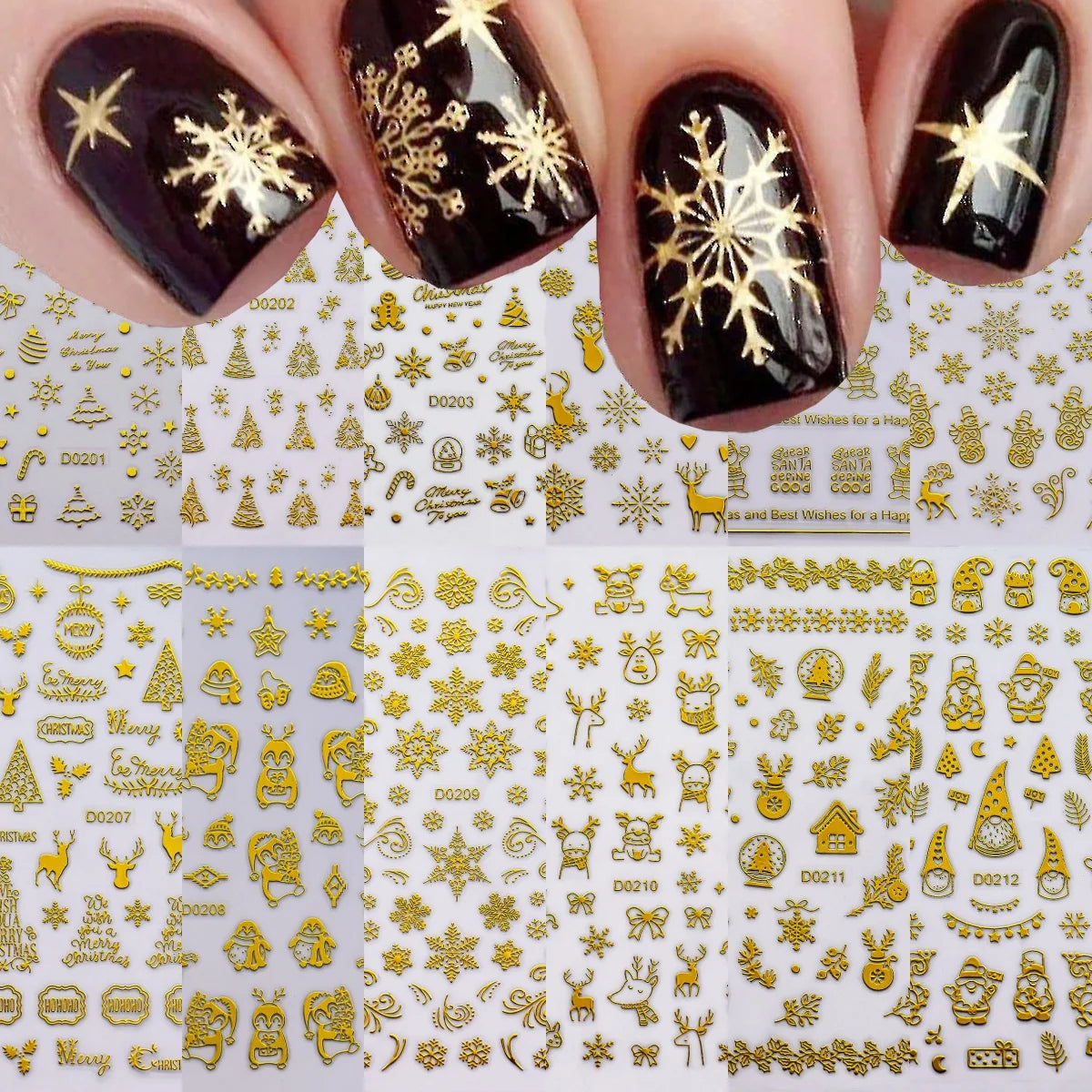 12pcs 3D Snowflake Nail Stickers Red Christmas Designs Nail Art Decals Geometric Lines New Year Winter Gel Foils Sliders Decors*