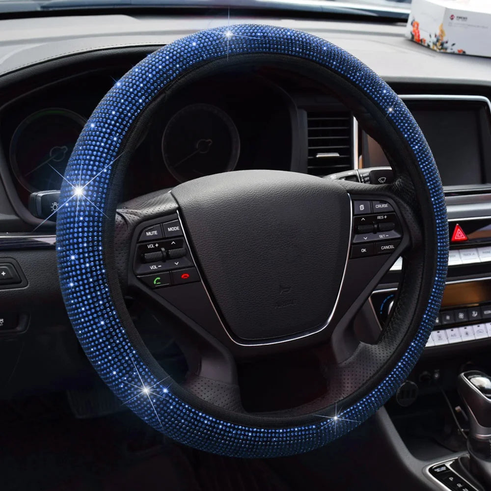 38cm Universal Car SUV Breathable Anti-Slip Bling Rhinestones Steering Wheel Cover for Women Girl with Crystal Diamond Sparkling