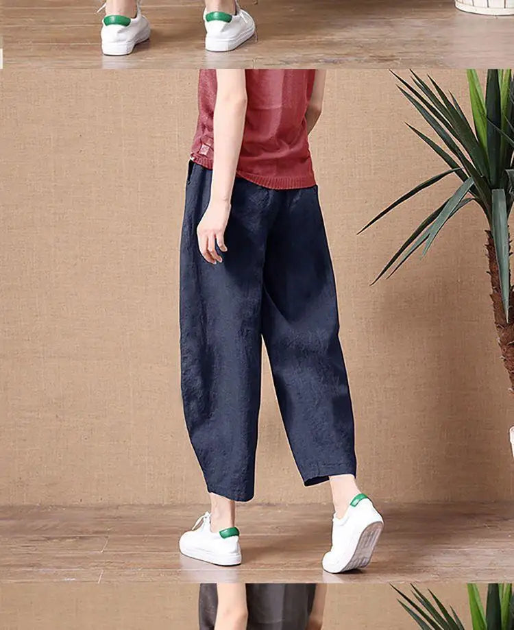Loose Wide Leg Cotton Linen Pants High Waist Nine Points Women's plus Size Summer New Sle Casual Trousers Versatile Loose Fit
