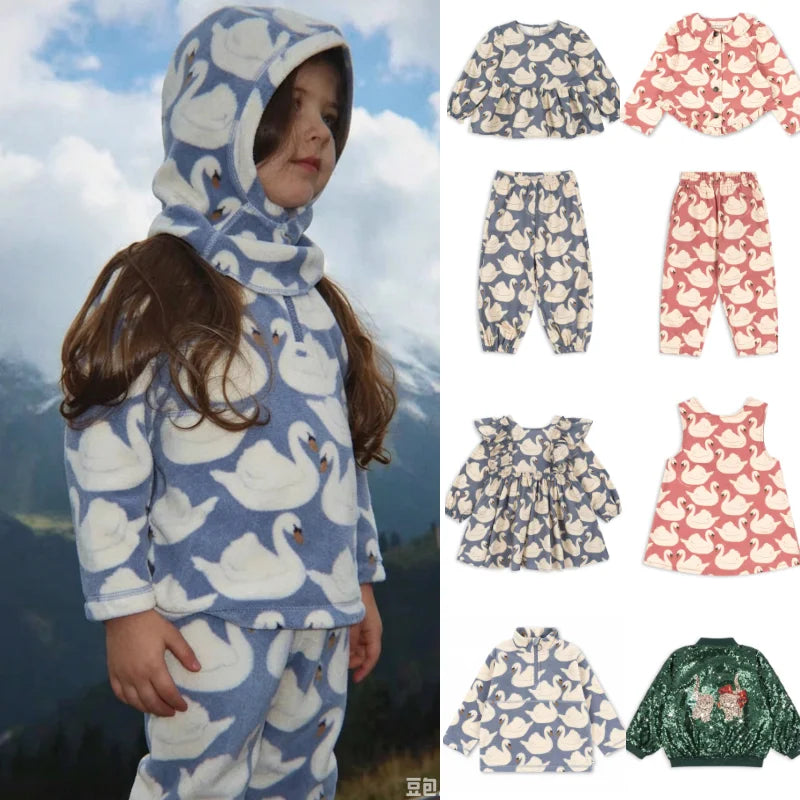 Girls Swan Print Winter Coat - Fleece-Lined Padded Jacket
