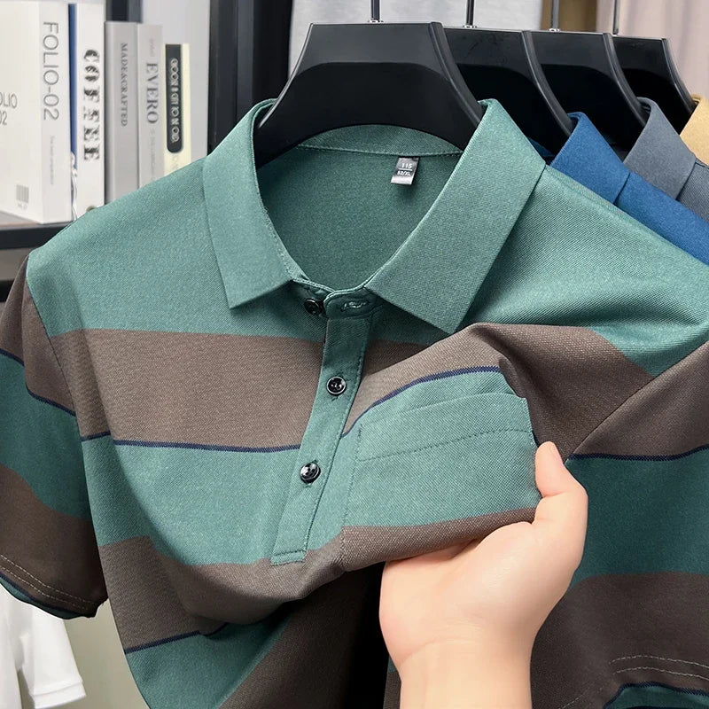 Men's Striped Mesh Polo - Lapel Three-Button, Anti-Wrinkle Knit