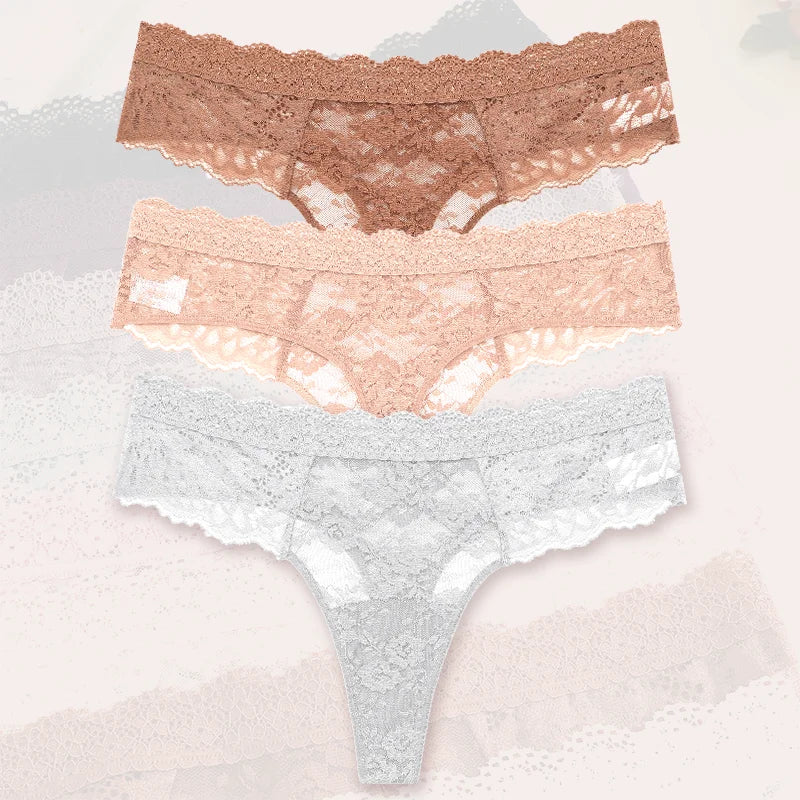 3-Pack Floral Lace Thongs – Soft Low-Rise Seamless Panties